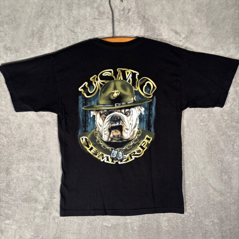 USMC Bulldog T Shirt L Black US Marine Corps Graphic Tee USA Made Chesty Bayside
